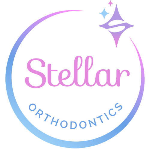 Featuring a circular outline, the Stellar Orthodontics logo in San Marcos, CA displays pink and blue gradient text with a stylized smile graphic and sparkle.