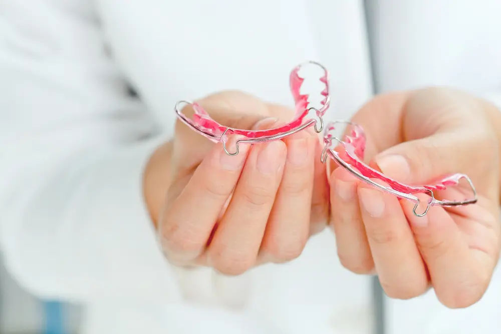 At Stellar Orthodontics in San Marcos CA, a professional displays pink dental retainers, highlighting their quality.