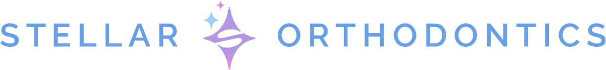A logo for Stellar Orthodontics in San Marcos CA, features the practice’s name in blue with a stylized star and tooth icon in purple and light blue placed between "Stellar" and "Orthodontics.